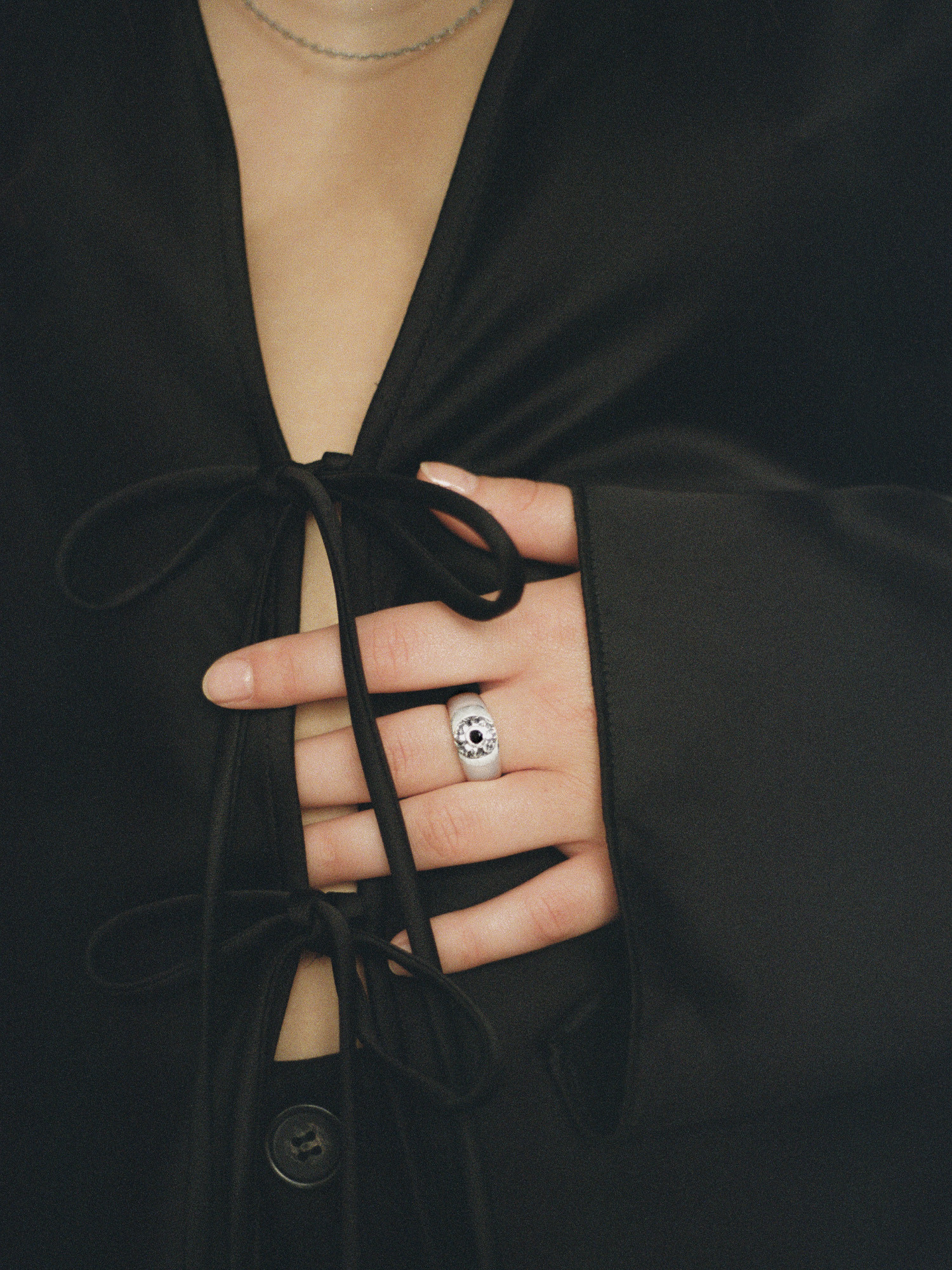 sterling silver ring with black sapphire and freshwater pearl